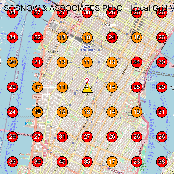 SOSNOW & ASSOCIATES PLLC GeoGrid visibility map for Legal Services in New York